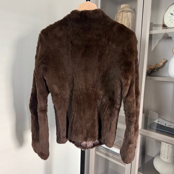 Theory Rabbit Fur Brown Reversible Satin Jacket M NEW Slim Sample Full Zip - Picture 4 of 6